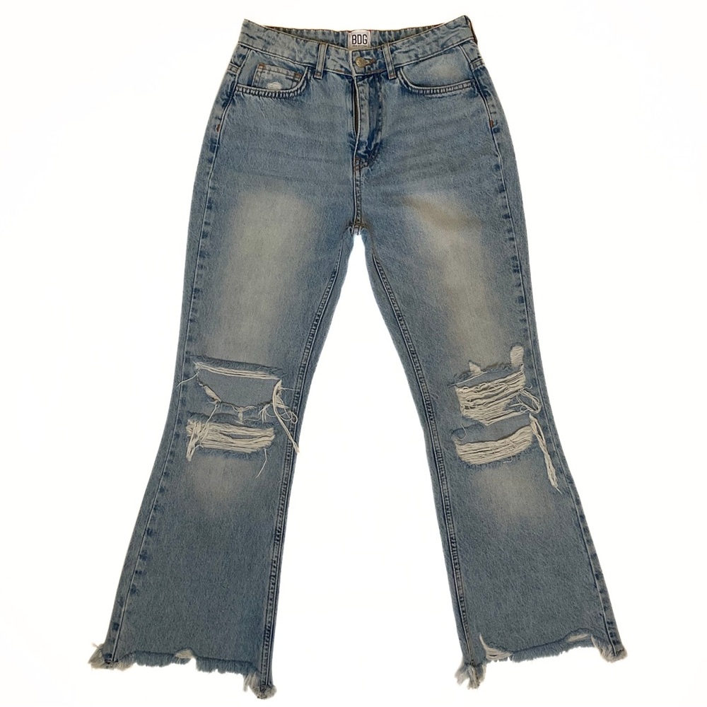 BDG High Rise Distressed Ripped Knees Frayed Hem Flare Denim Jeans Womens SZ 26